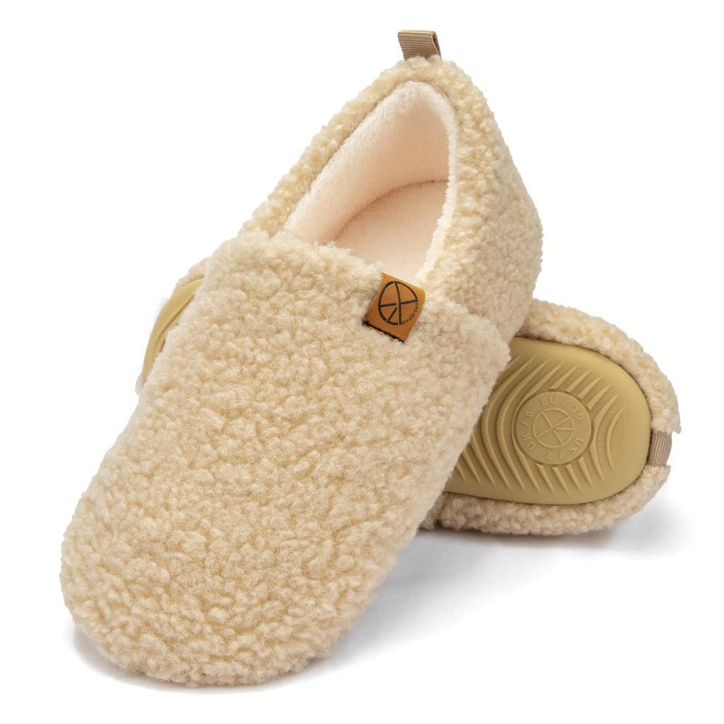 FHILEPON Womens House Slippers Lightweight Memory Foam House Shoes Cozy Closed Back Slippers with Curly Fleece for Indoor Outdoor Khaki 7.5-8 Women