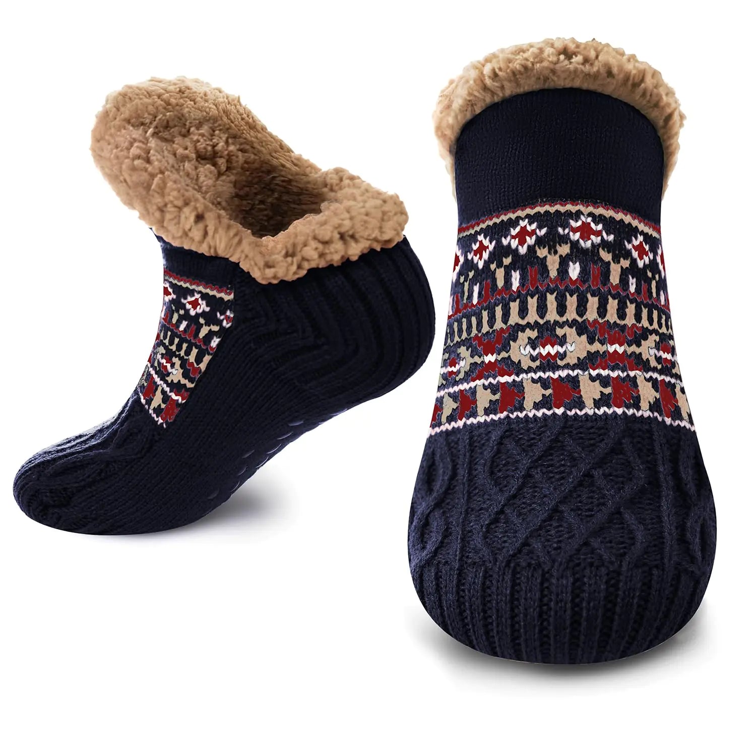 VIMIWINI Navy Adult Knitted Slipper Socks Warm Cozy Fuzzy Socks Non Slip Socks Winter Fluffy Sleep Socks with Grips for Women Men