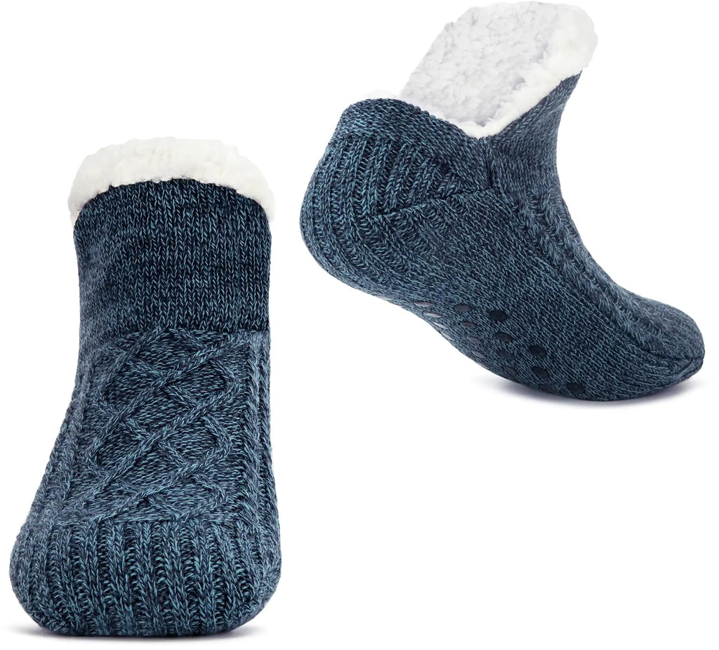 PionTechs Women Knitted Slipper Socks Cozy Sherpa Fuzzy Socks Non Slip Socks Winter Indoor Double Layer Bedroom Slipper Socks navy blue Chunse Zang qing 3